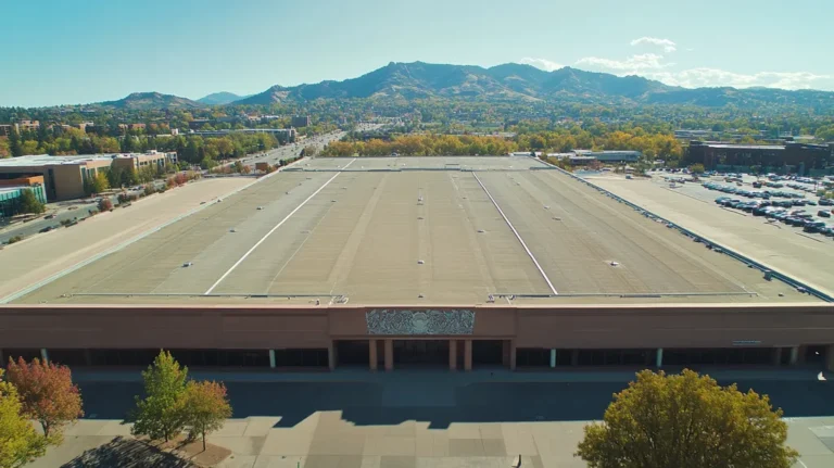 A commercial roof on a convention center in a location similar to Boulder with an urban context aesthetic (AI image)