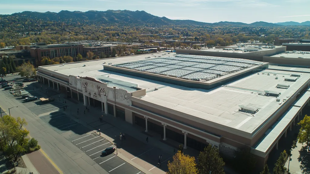 A commercial roof on a convention center in a location similar to Boulder with an urban context aesthetic (AI image)