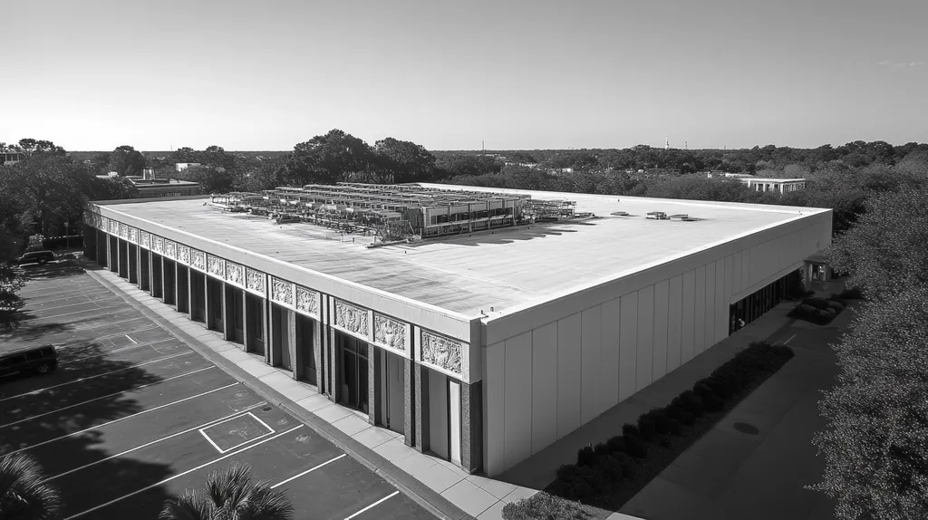 A commercial roof on a convention center in a location similar to Charleston with a black and white photography aesthetic (AI image)