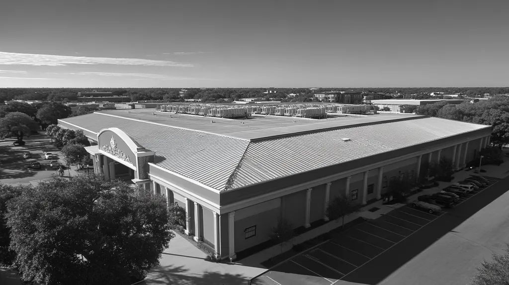 A commercial roof on a convention center in a location similar to Charleston with a black and white photography aesthetic (AI image)