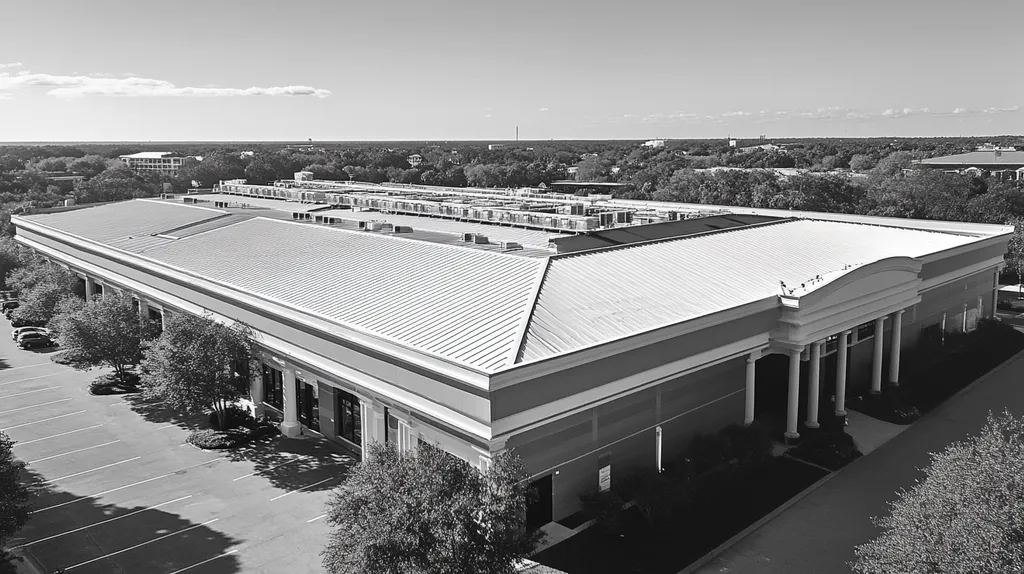 A commercial roof on a convention center in a location similar to Charleston with a black and white photography aesthetic (AI image)