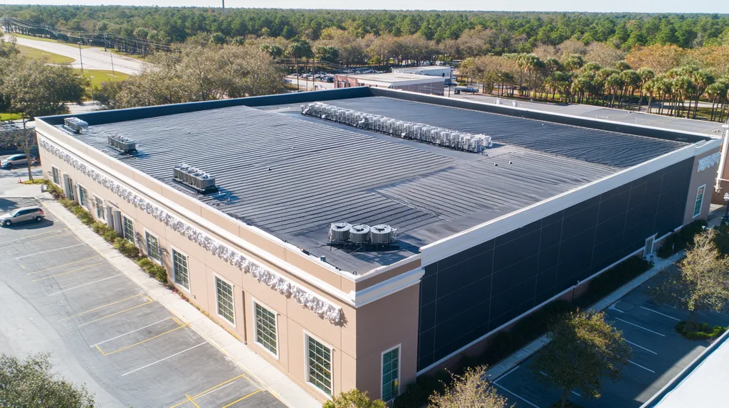 A commercial roof on a convention center in a location similar to Charleston with a color highlight aesthetic (AI image)