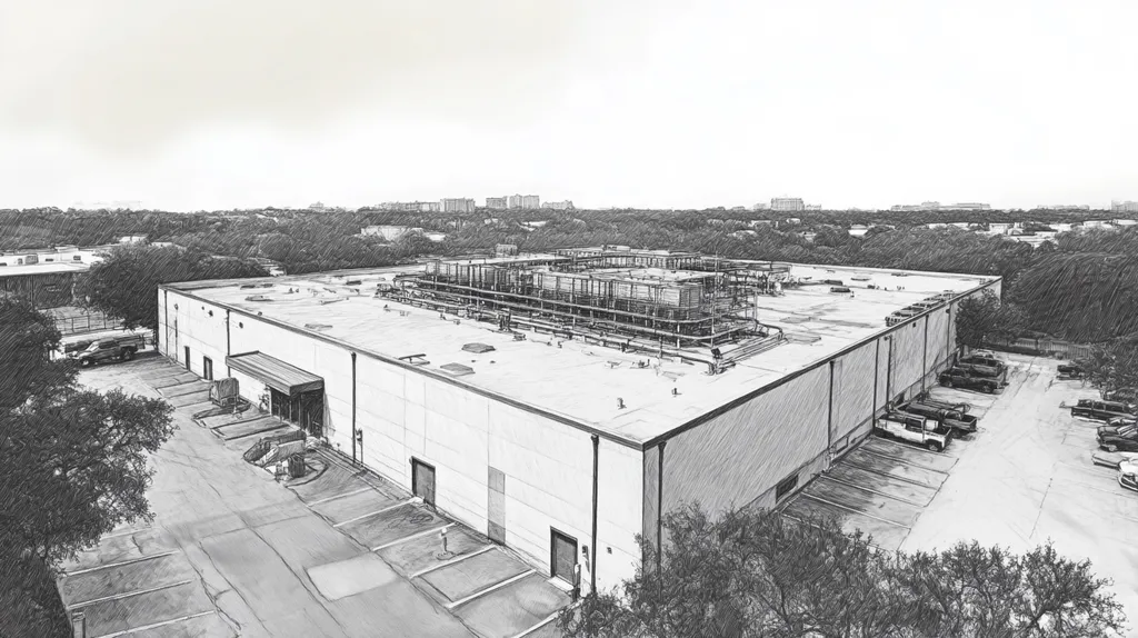 A commercial roof on a data center in a location similar to Austin with a charcoal sketch aesthetic (AI image)