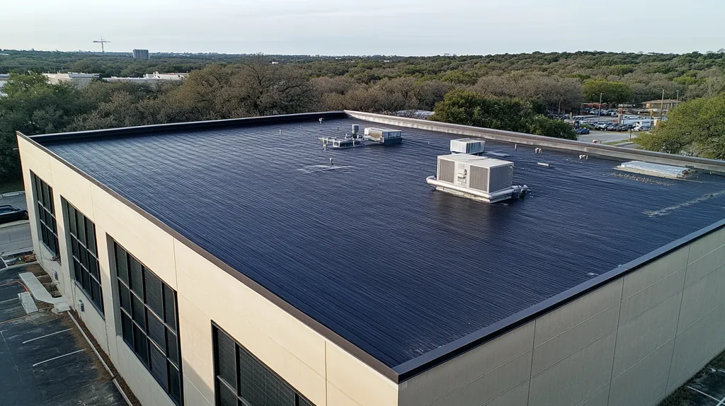 A commercial roof on a data center in a location similar to Austin with a color highlight aesthetic (AI image)