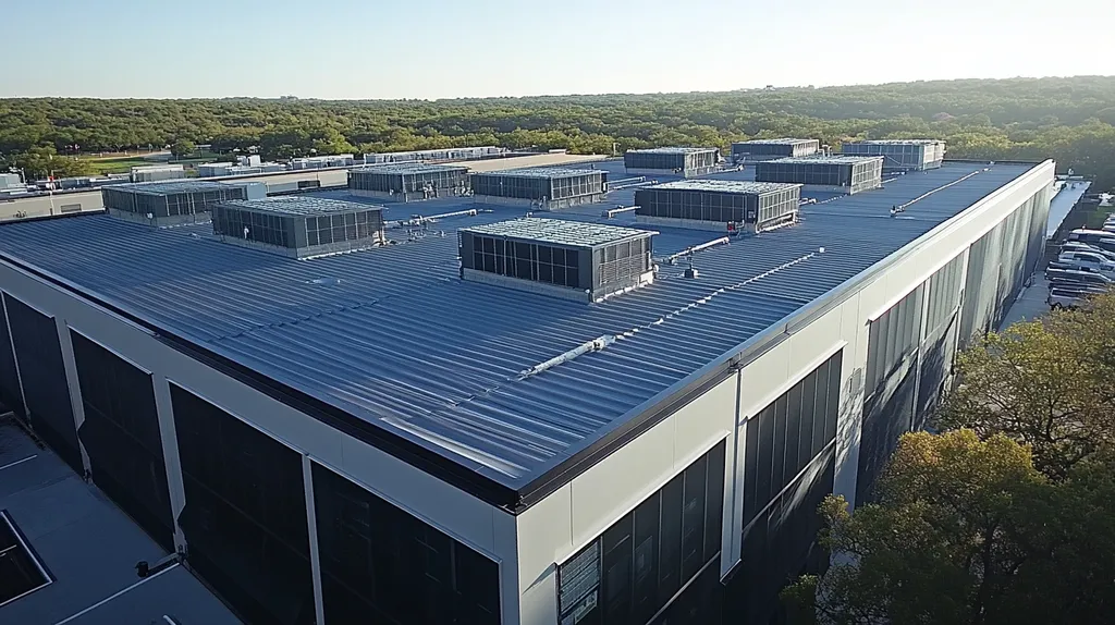 A commercial roof on a data center in a location similar to Austin with a color highlight aesthetic (AI image)