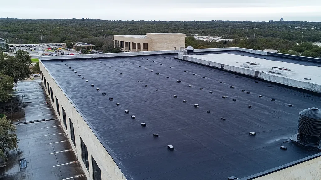 A commercial roof on a data center in a location similar to Austin with a rainy day aesthetic (AI image)