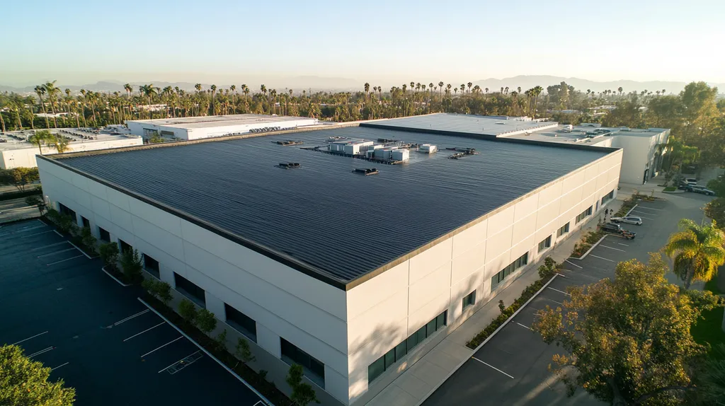 A commercial roof on a data center in a location similar to Beverly Hills with a color highlight aesthetic (AI image)