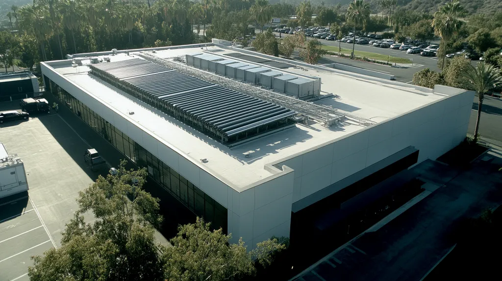 A commercial roof on a data center in a location similar to Beverly Hills with a color highlight aesthetic (AI image)