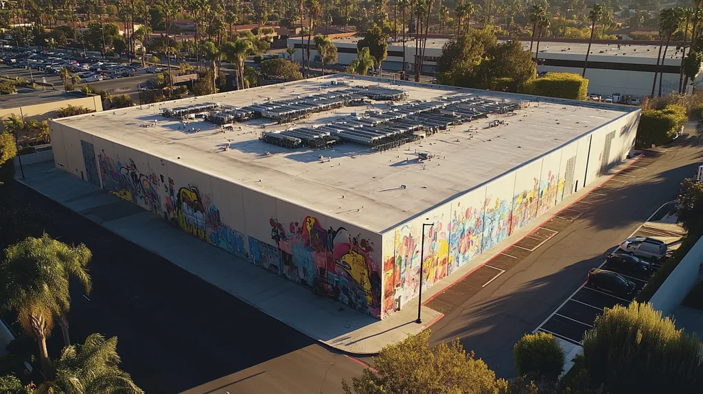 A commercial roof on a data center in a location similar to Beverly Hills with a graffiti mural aesthetic (AI image)