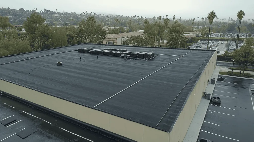 A commercial roof on a data center in a location similar to Beverly Hills with a rainy day aesthetic (AI image)