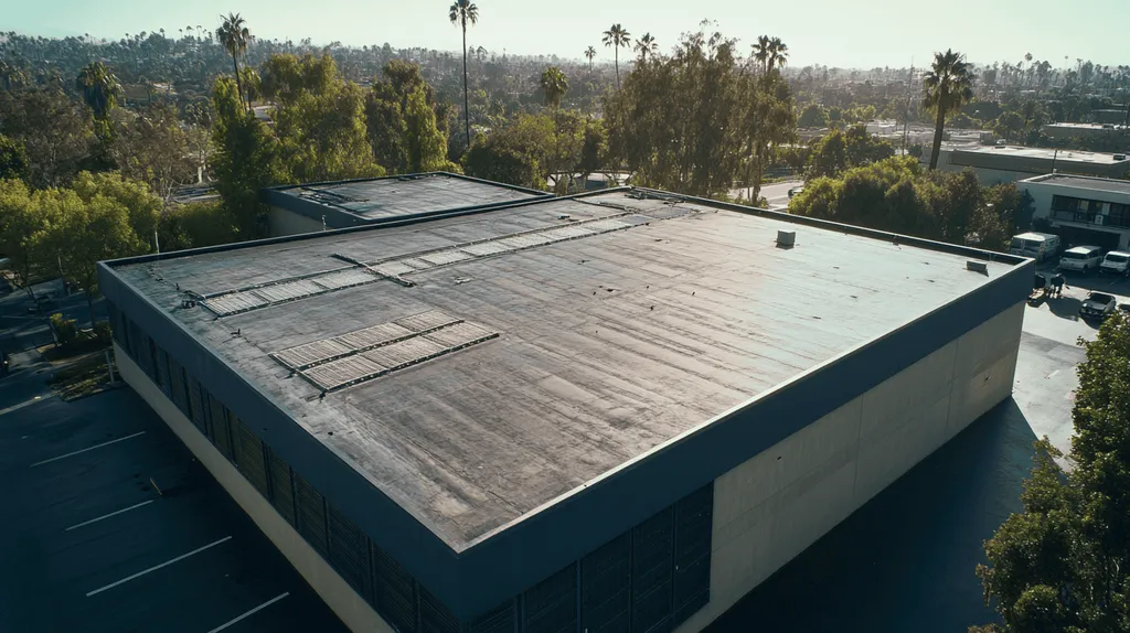 A commercial roof on a data center in a location similar to Beverly Hills with a rainy day aesthetic (AI image)