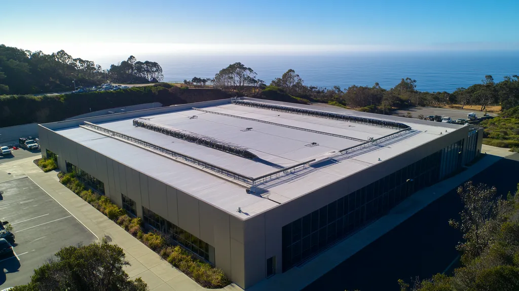 A commercial roof on a data center in a location similar to Big Sur with a futuristic aesthetic (AI image)