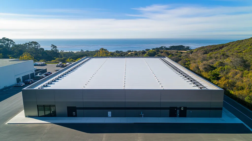 A commercial roof on a data center in a location similar to Big Sur with a futuristic aesthetic (AI image)
