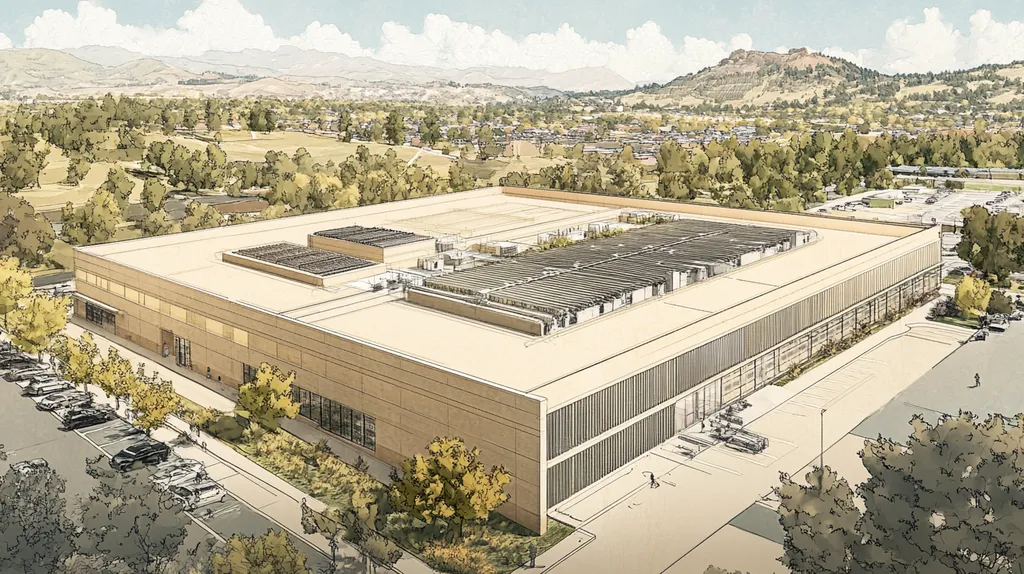 A commercial roof on a data center in a location similar to Boulder with an architectural sketch rendering aesthetic (AI image)