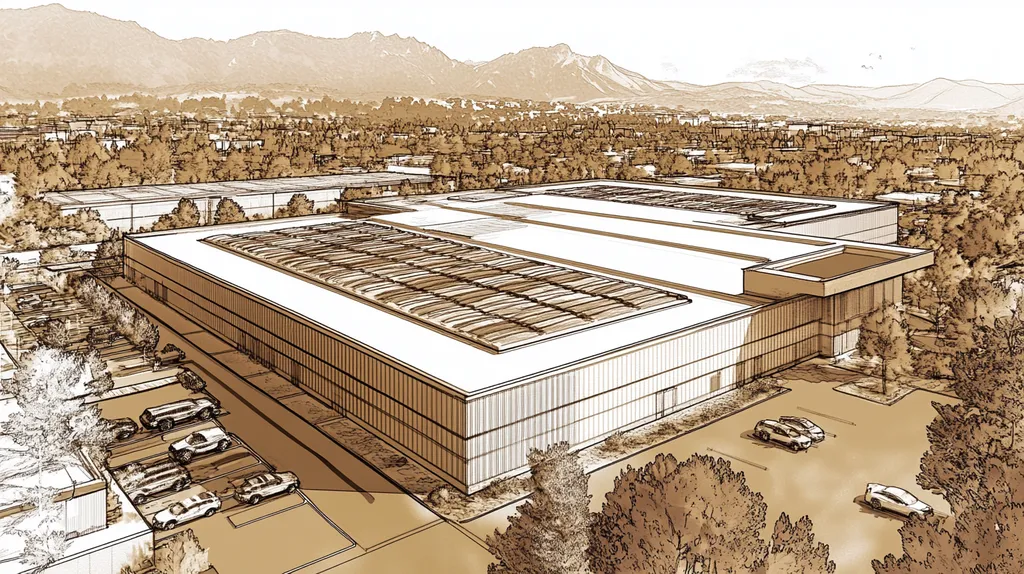A commercial roof on a data center in a location similar to Boulder with an architectural sketch rendering aesthetic (AI image)