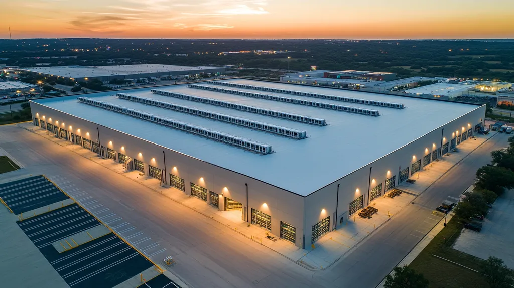 A commercial roof on a distribution center in a location similar to Austin with an illuminated nightscape aesthetic (AI image)