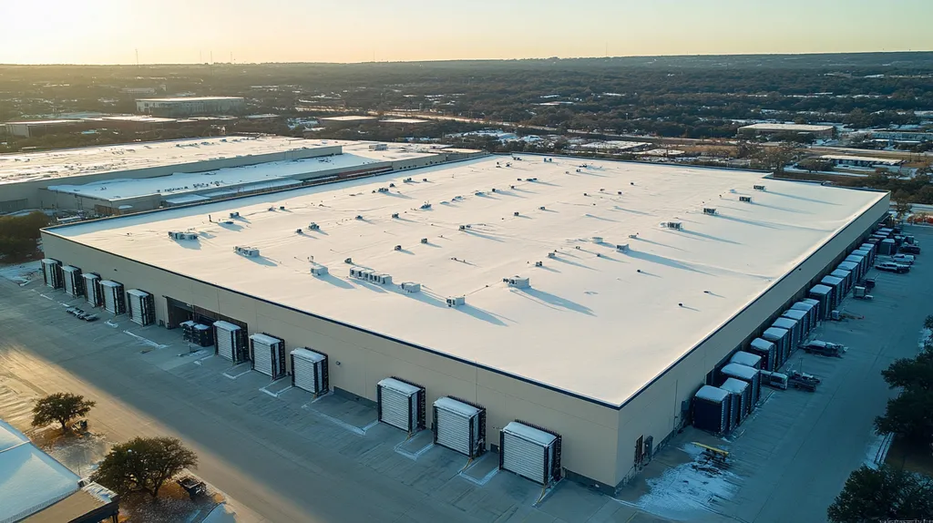 A commercial roof on a distribution center in a location similar to Austin with a snowy day aesthetic (AI image)
