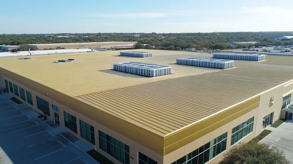 A commercial roof on a distribution center in a location similar to Austin with a solid gold aesthetic (AI image)