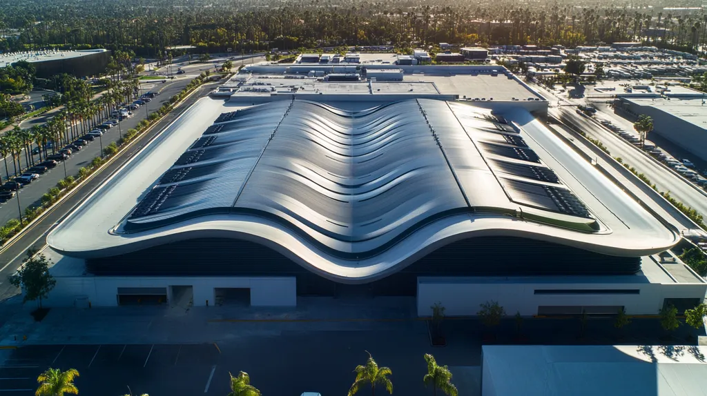 A commercial roof on a distribution center in a location similar to Beverly Hills with a futuristic aesthetic (AI image)
