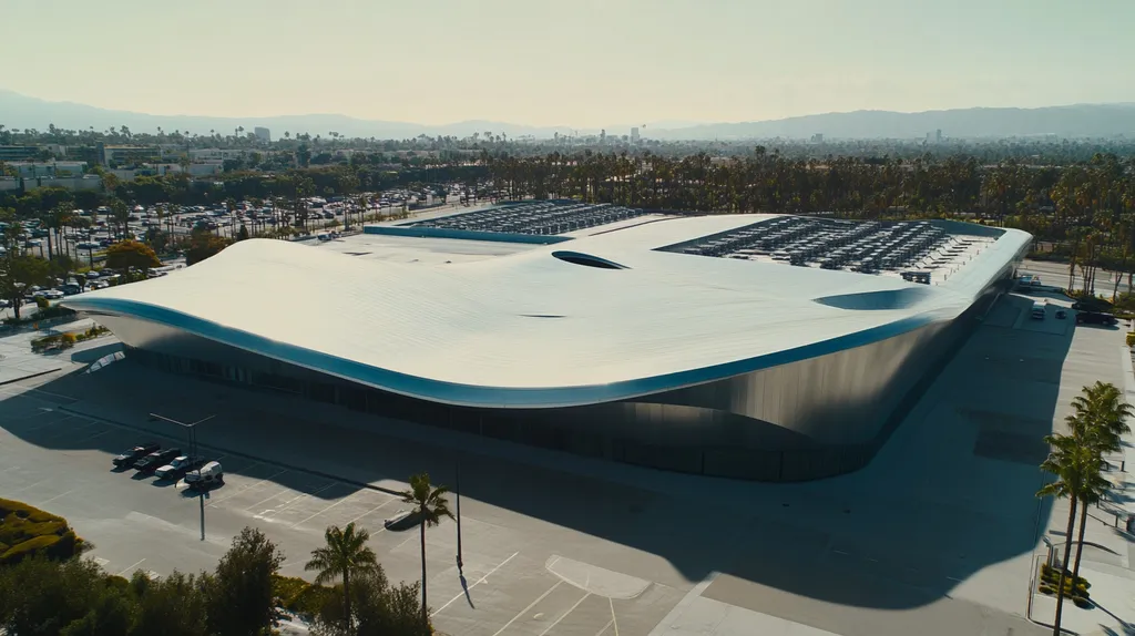 A commercial roof on a distribution center in a location similar to Beverly Hills with a futuristic aesthetic (AI image)