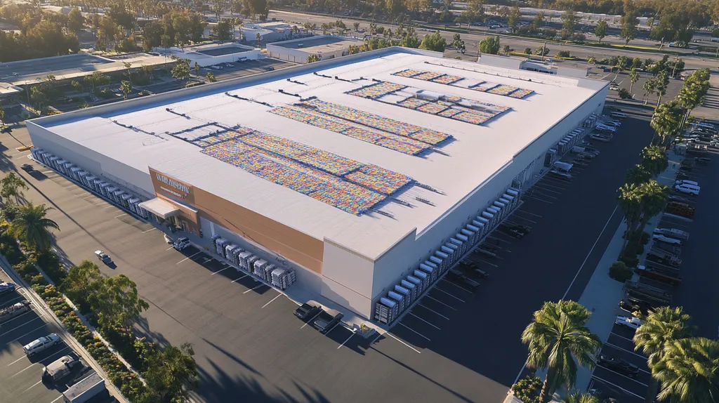 A commercial roof on a distribution center in a location similar to Beverly Hills with a mosaic tile art aesthetic (AI image)