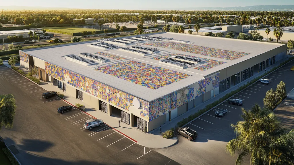 A commercial roof on a distribution center in a location similar to Beverly Hills with a mosaic tile art aesthetic (AI image)