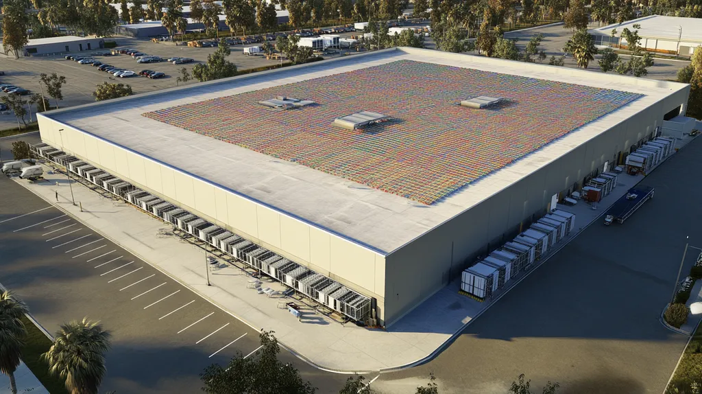 A commercial roof on a distribution center in a location similar to Beverly Hills with a mosaic tile art aesthetic (AI image)