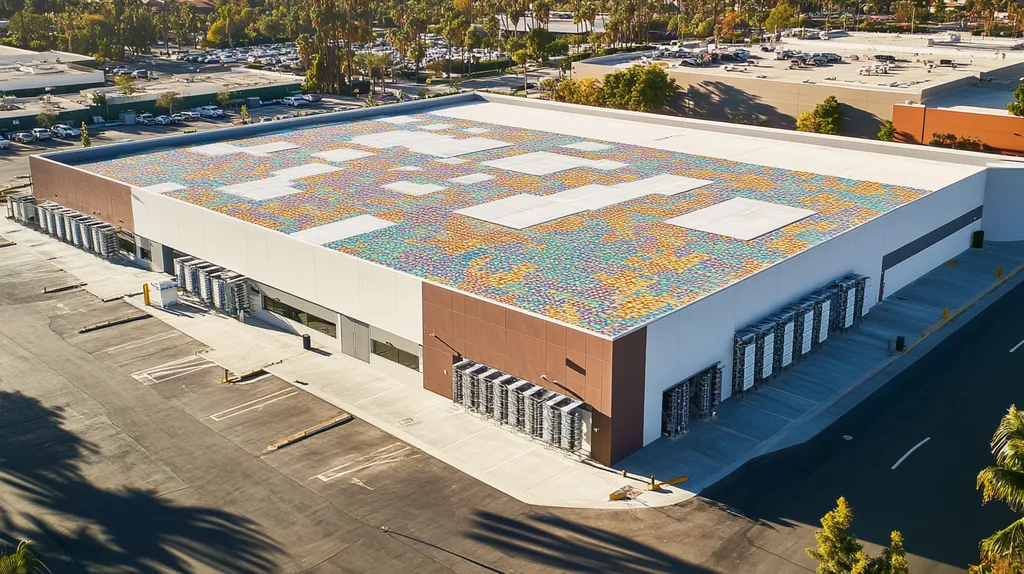 A commercial roof on a distribution center in a location similar to Beverly Hills with a mosaic tile art aesthetic (AI image)
