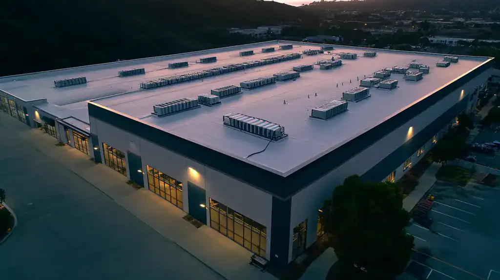 A commercial roof on a distribution center in a location similar to Big Sur with an illuminated nightscape aesthetic (AI image)