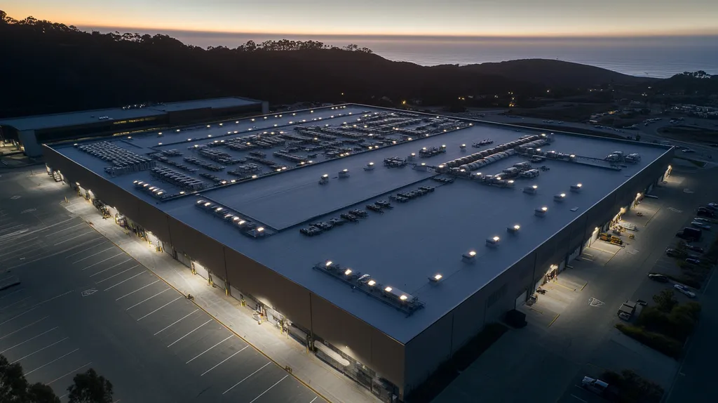 A commercial roof on a distribution center in a location similar to Big Sur with an illuminated nightscape aesthetic (AI image)