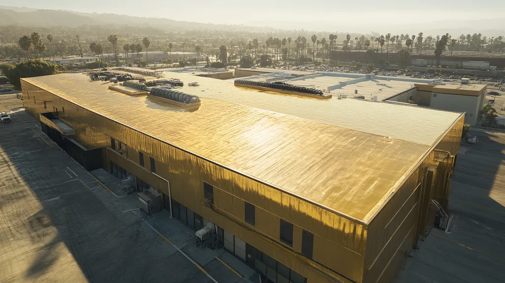 A commercial roof on a factory in a location similar to Beverly Hills with a solid gold aesthetic (AI image)