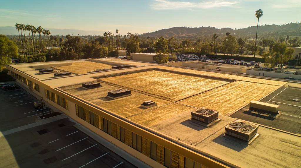 A commercial roof on a factory in a location similar to Beverly Hills with a solid gold aesthetic (AI image)
