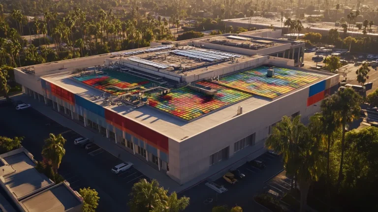 A commercial roof on a factory in a location similar to Beverly Hills with a stained glass style aesthetic (AI image)