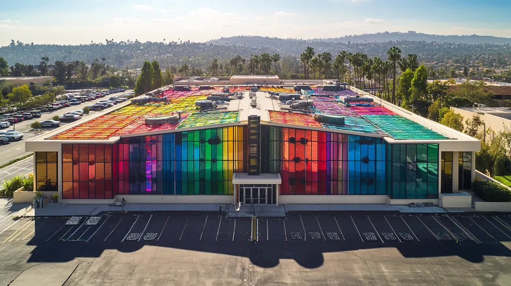 A commercial roof on a factory in a location similar to Beverly Hills with a stained glass style aesthetic (AI image)