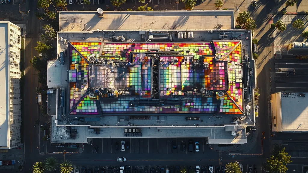 A commercial roof on a factory in a location similar to Beverly Hills with a stained glass style aesthetic (AI image)