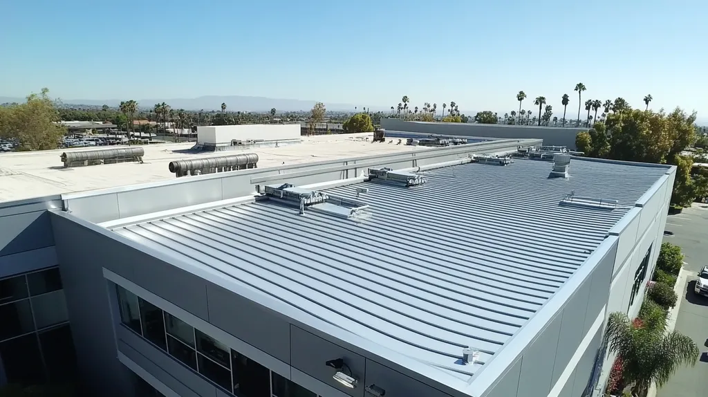 A commercial roof on a factory in a location similar to Beverly Hills with a stainless steel aesthetic (AI image)