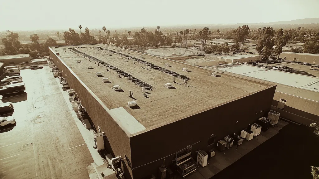 A commercial roof on a factory in a location similar to Beverly Hills with a tintype aesthetic (AI image)