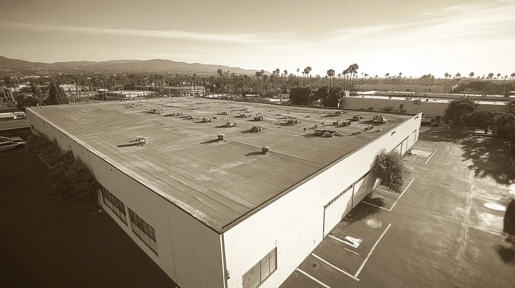 A commercial roof on a factory in a location similar to Beverly Hills with a tintype aesthetic (AI image)