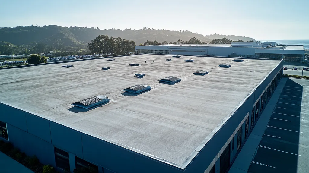 A commercial roof on a factory in a location similar to Big Sur with an architectural photography aesthetic (AI image)