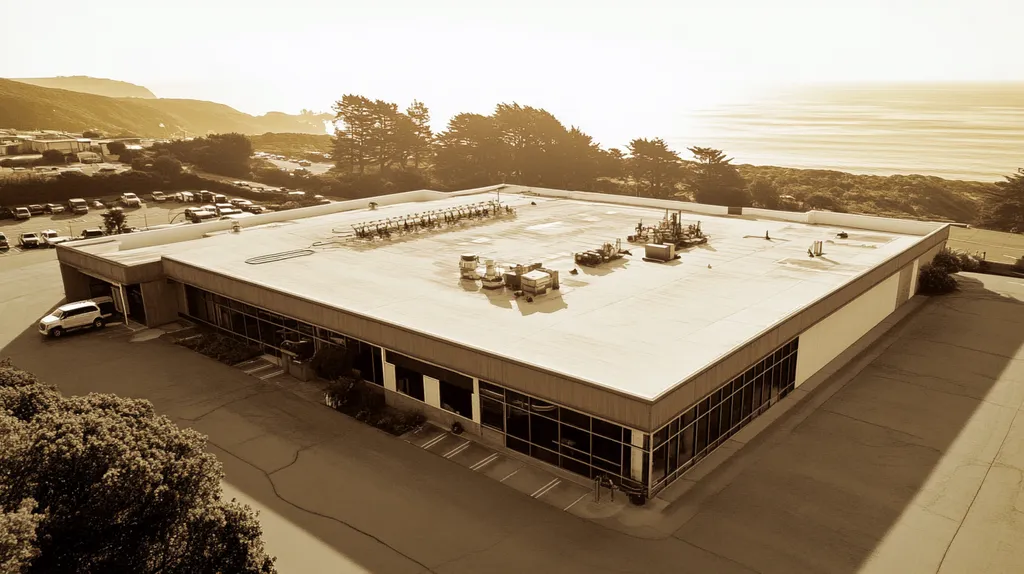 A commercial roof on a factory in a location similar to Big Sur with an architectural sketch rendering aesthetic (AI image)