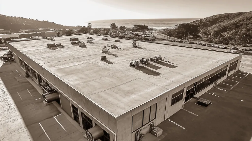 A commercial roof on a factory in a location similar to Big Sur with an architectural sketch rendering aesthetic (AI image)