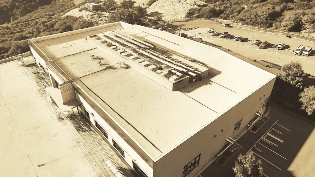 A commercial roof on a factory in a location similar to Big Sur with an architectural sketch rendering aesthetic (AI image)