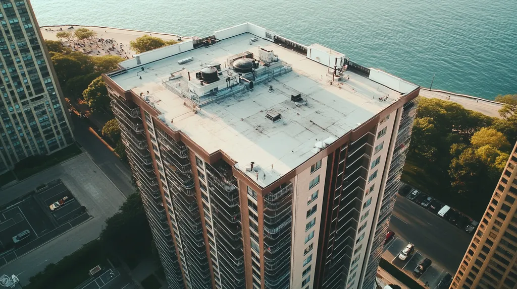 A commercial roof on high-rise apartments in a location similar to Chicago with a color highlight aesthetic (AI image)