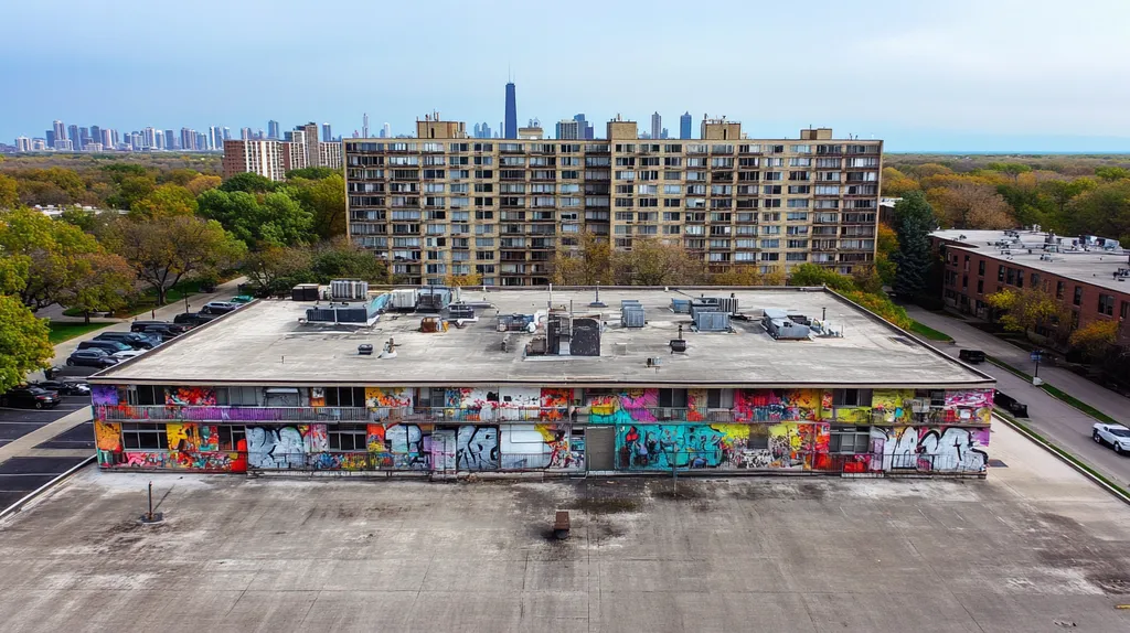 A commercial roof on high-rise apartments in a location similar to Chicago with a graffiti mural aesthetic (AI image)