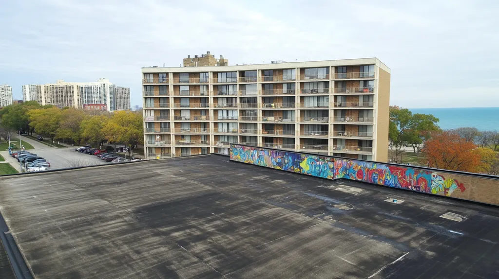 A commercial roof on high-rise apartments in a location similar to Chicago with a graffiti mural aesthetic (AI image)
