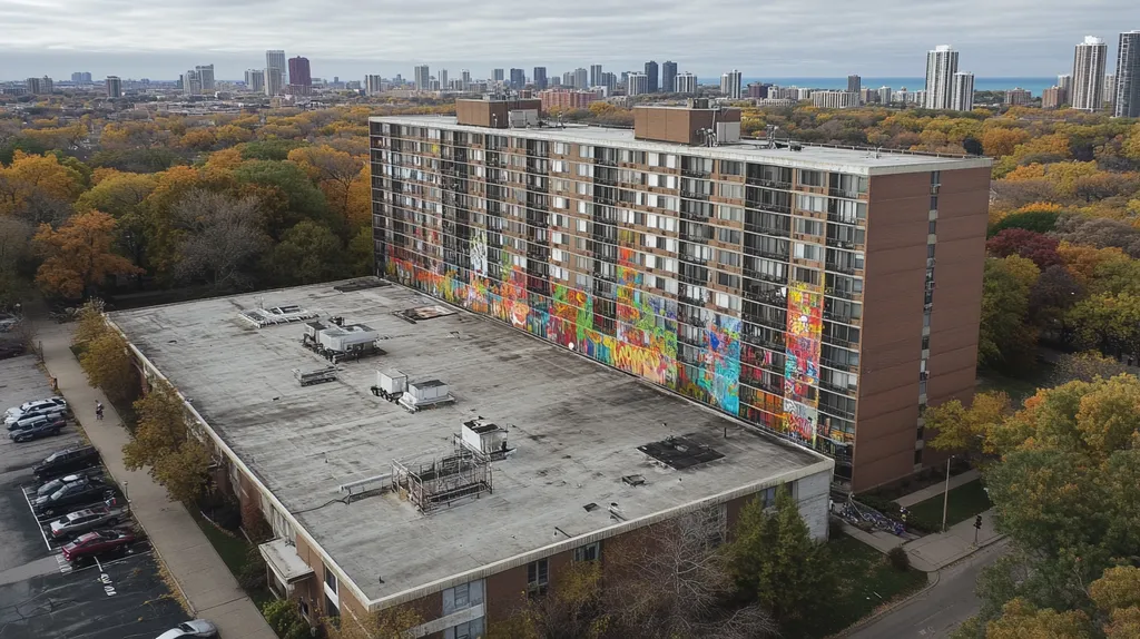 A commercial roof on high-rise apartments in a location similar to Chicago with a graffiti mural aesthetic (AI image)