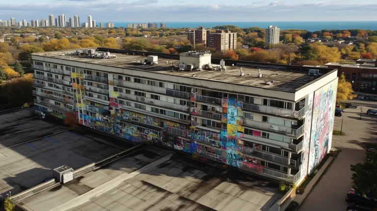 A commercial roof on high-rise apartments in a location similar to Chicago with a graffiti mural aesthetic (AI image)