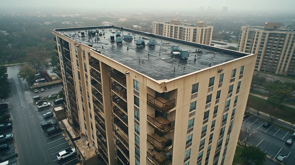 A commercial roof on high-rise apartments in a location similar to Dallas with a rainy day aesthetic (AI image)