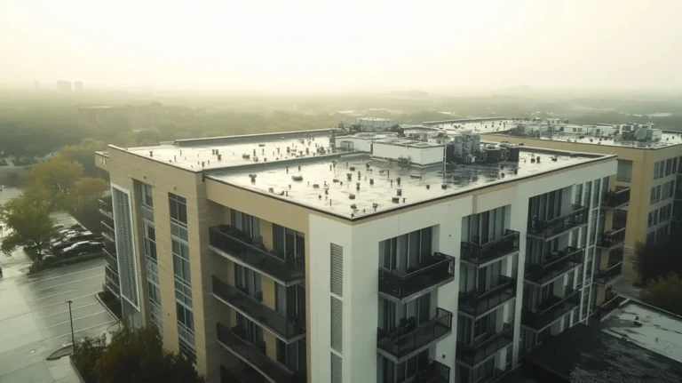 A commercial roof on high-rise apartments in a location similar to Dallas with a rainy day aesthetic (AI image)