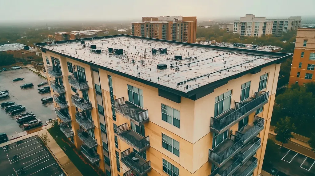 A commercial roof on high-rise apartments in a location similar to Dallas with a rainy day aesthetic (AI image)